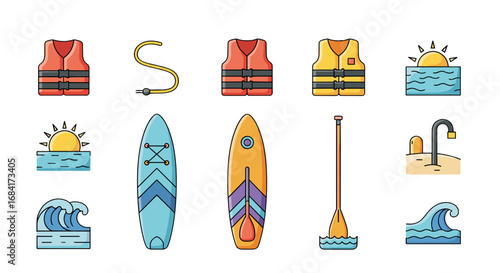 Illustration of paddleboarding equipment and beach elements