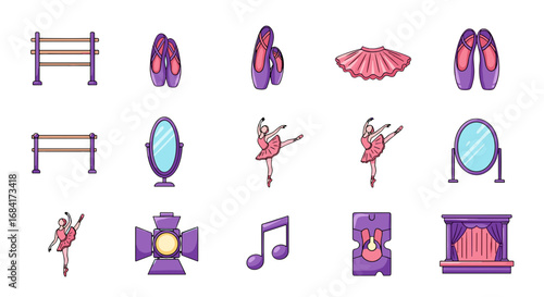 Illustration of ballet equipment and dancers in pink and purple