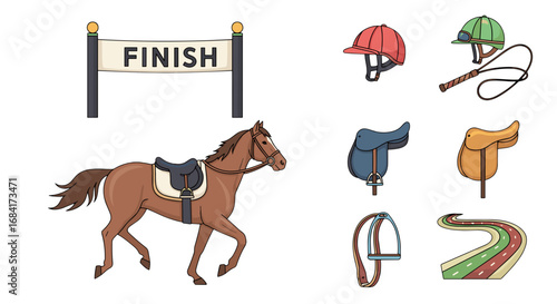 Illustration of horse racing equipment and finish line sign