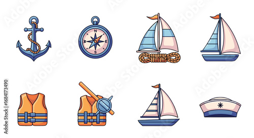 Collection of nautical themed clip art elements on white back
