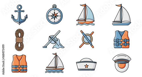 Collection of nautical themed icons including boats and gear