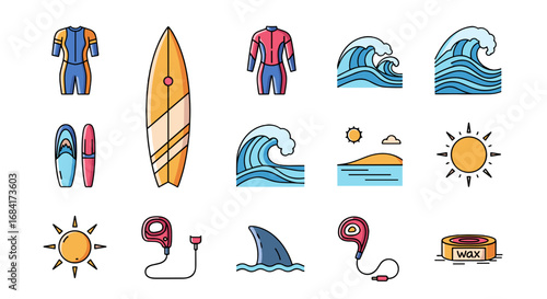 Illustration of surfing equipment and beach related elements