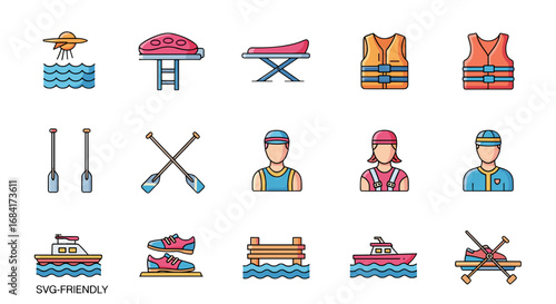 Collection of kayaking and water sport related vector icons
