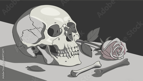 Still life with skull rose and bones grayscale illustration gothic art memento mori death mortality dark art macabre vintage style anatomical illustration skeletal remains human skull flower rose flo.