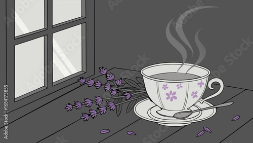Steaming Cup of Tea with Lavender and Window in Calm Setting.