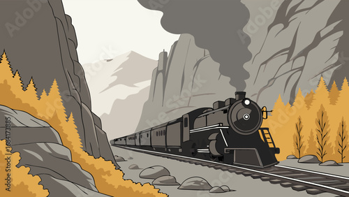 Train traveling through a mountainous landscape illustration.