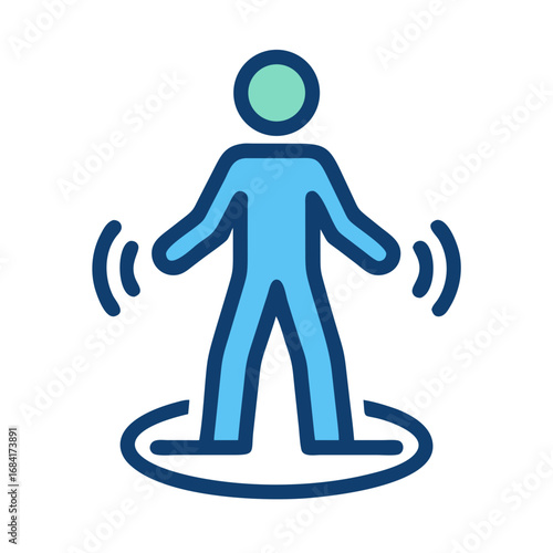 Vector art of a stylized blue human figure stands within a circular energy field, emitting outward waves