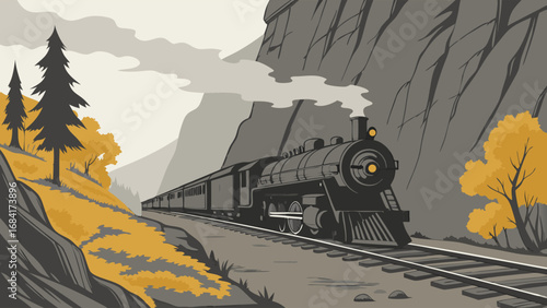 Vintage Steam Train Journey Through Mountain Valley.