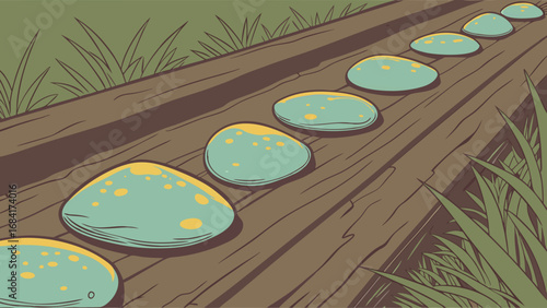 A series of stepping stones over a weathered wooden path leading through the woods.