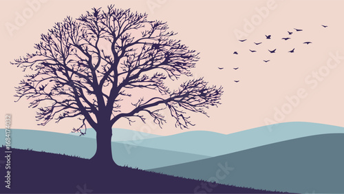 Silhouette of a Tree with Birds and Mountains.