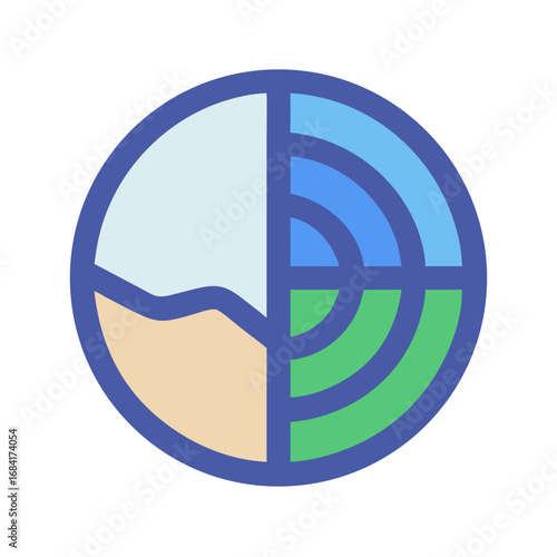 Vector art of a colorful circular graphic divided into segments, featuring a representation of wifi signals and abstract landscape elements
