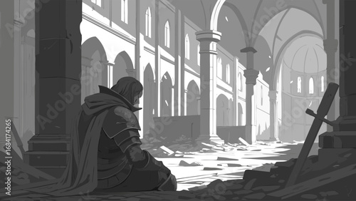 A lone figure in armor sits amidst the ruins of a grand hall a sword leaning against a pillar.