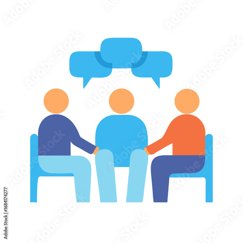 Vector art of three people sitting on chairs in a discussion with speech bubbles above their heads