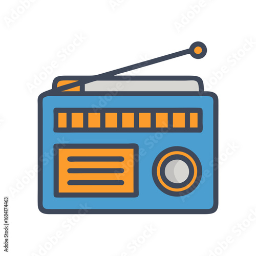 Vector art of a blue vintage radio with an antenna and orange accents, isolated on a white background