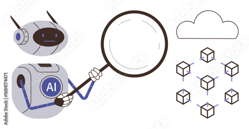 Robot labeled AI holding magnifying glass, studying interconnected cubes symbolizing blockchain, and a cloud icon for storage. Ideal for technology, analysis, AI, blockchain, cloud computing