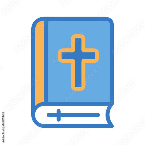 Vector art of a stylized illustration of a blue bible with an orange cross on its cover, isolated on a white background