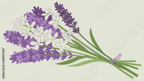 Floral bouquet of lavender and white flowers tied with a purple ribbon illustration graphic design botanical art purple flowers white flowers spring flowers summer flowers nature floral design flower.