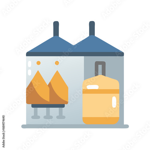 Vector art of a modern industrial factory building with silos and a large storage tank
