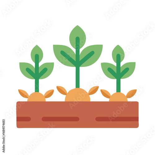 Vector art of three green sprouts growing from rich soil in a garden bed, symbolizing new life and growth