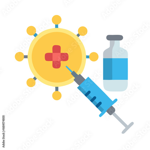 Vector art of a blue syringe injects a vaccine into a stylized representation of the coronavirus, symbolizing the fight against viral diseases