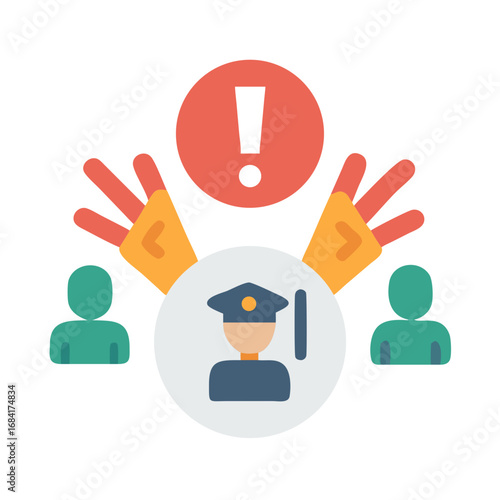 Vector art of a police officer stands between two people with an exclamation mark in a warning circle above