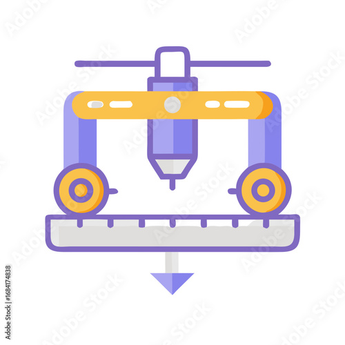 Vector art of a modern flat design icon representing a precision machine with a robotic arm and measuring scale, symbolizing advanced technology and automated manufacturing processes