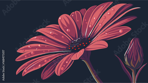 Beautiful Red Flower with Water Droplets on Dark Background.