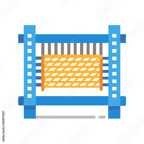 Vector art of a colorful flat illustration of a weaving loom with blue frames and an orange patterned fabric
