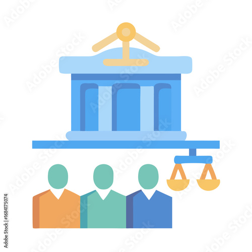Vector art of a stylized illustration depicts a courthouse with three figures representing people and a set of scales symbolizing justice