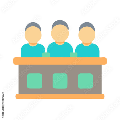Vector art of three people sit behind a desk with green squares, representing a team or panel