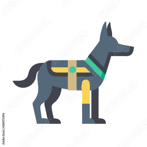Vector art of a stylized, flat design illustration of a dark gray dog with a green collar and yellow and tan accents, standing on a plain white background