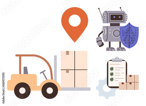 Robot with shield, forklift carrying boxes, checklist on clipboard, gear, and location pin. Ideal for logistics, automation, inventory, delivery AI security supply chain flat design metaphor