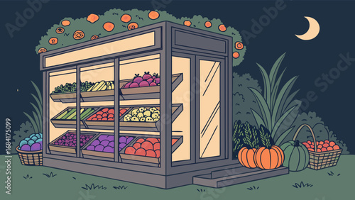 Nighttime Produce Stand with Fresh Fruits and Vegetables.
