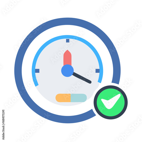 Vector art of a stylized clock face with a checkmark, symbolizing timely completion and punctuality