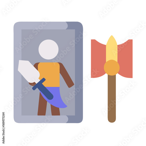 Vector art of a stylized illustration of a warrior holding a sword and an axe, representing combat and fantasy