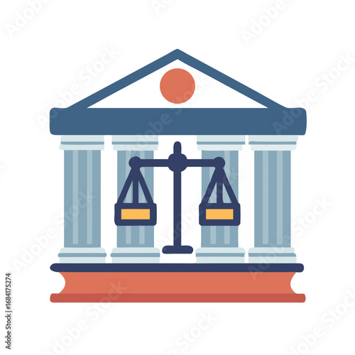 Vector art of a classic courthouse building with pillars and a balance scale symbolizing justice and law