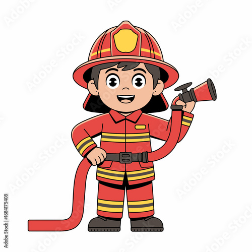 Smiling Cartoon Firefighter Holding Hose in Uniform Illustration