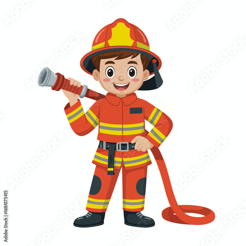 Smiling Cartoon Firefighter Holding Hose in Uniform Illustration
