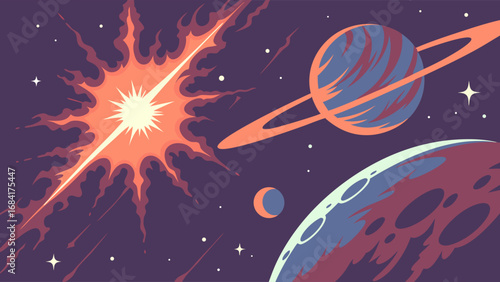 Space planets explosion cosmic background universe stars galaxy solar system asteroid meteor science fiction fantasy artwork illustration design wallpaper banner poster print graphic digital art vibr.