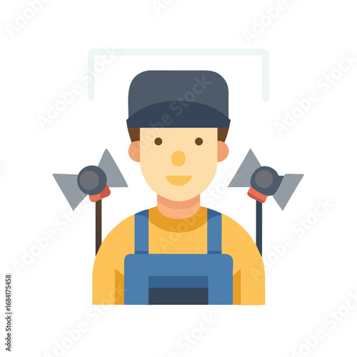 Vector art of a friendly male worker wearing overalls and a cap, standing in front of studio lighting equipment