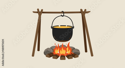 Cartoon Pot Cooking Over Campfire with Wooden Stand Illustration