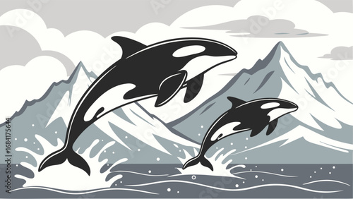 Orcas jumping out of the ocean majestic whales leaping near mountains marine wildlife illustration.
