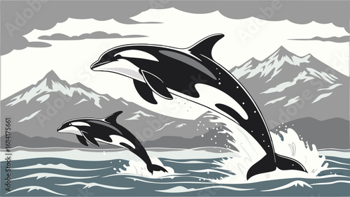 Orcas Jumping Ocean Scene Illustration.
