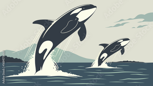 Orcas Jumping in Ocean Waters.