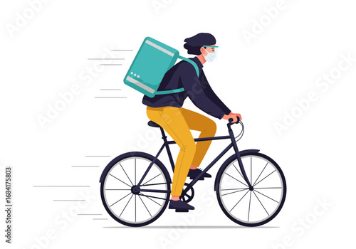 Food Delivery Man on Bicycle Wearing Helmet and Backpack Illustration