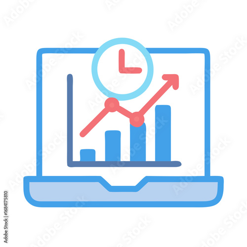 Vector art of a laptop screen displays a growing bar chart with a red line graph and a clock icon, symbolizing business growth and time management