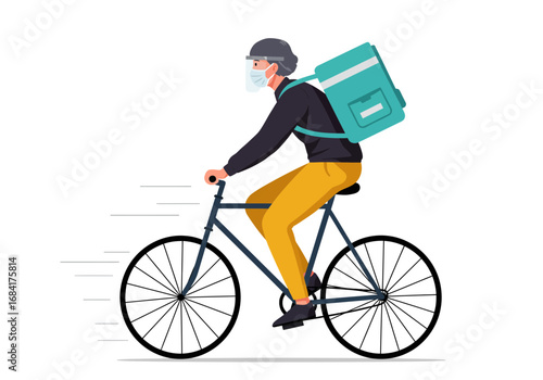 Food Delivery Man on Bicycle Wearing Helmet and Backpack Illustration
