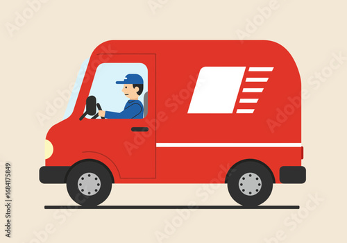 Red Delivery Van with Driver in Uniform Cartoon Illustration