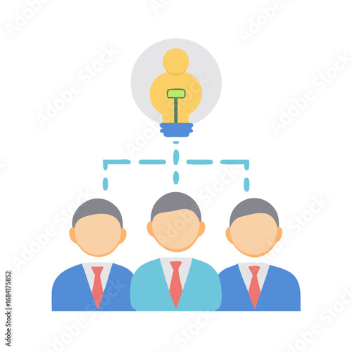 Vector art of a team of professionals connected to a bright lightbulb, symbolizing shared ideas and innovation in business