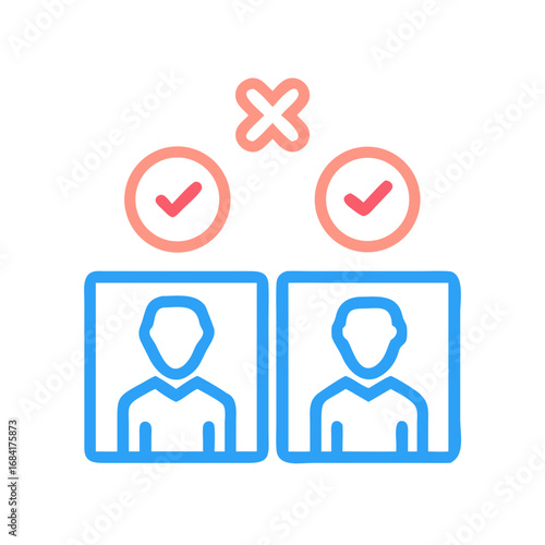 Vector art of two user profiles are displayed with a checkmark above one and a cross above the other, symbolizing a choice or decision